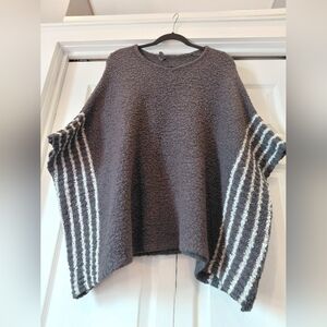 Alya Charcoal Bouclé Poncho with Cream Striped Sleeves